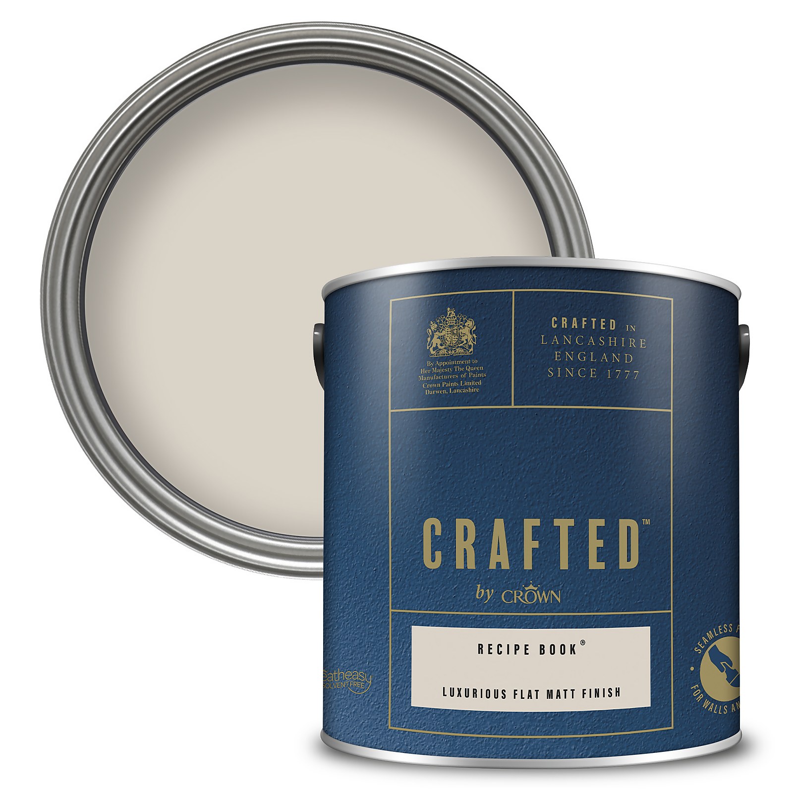 Crown's Crafted Luxurious Flat Matt Emulsion in a 2.5L can, featuring a deep blue exterior with gold lettering, labeled "Recipe Book," and a silver lid revealing the paint color inside.