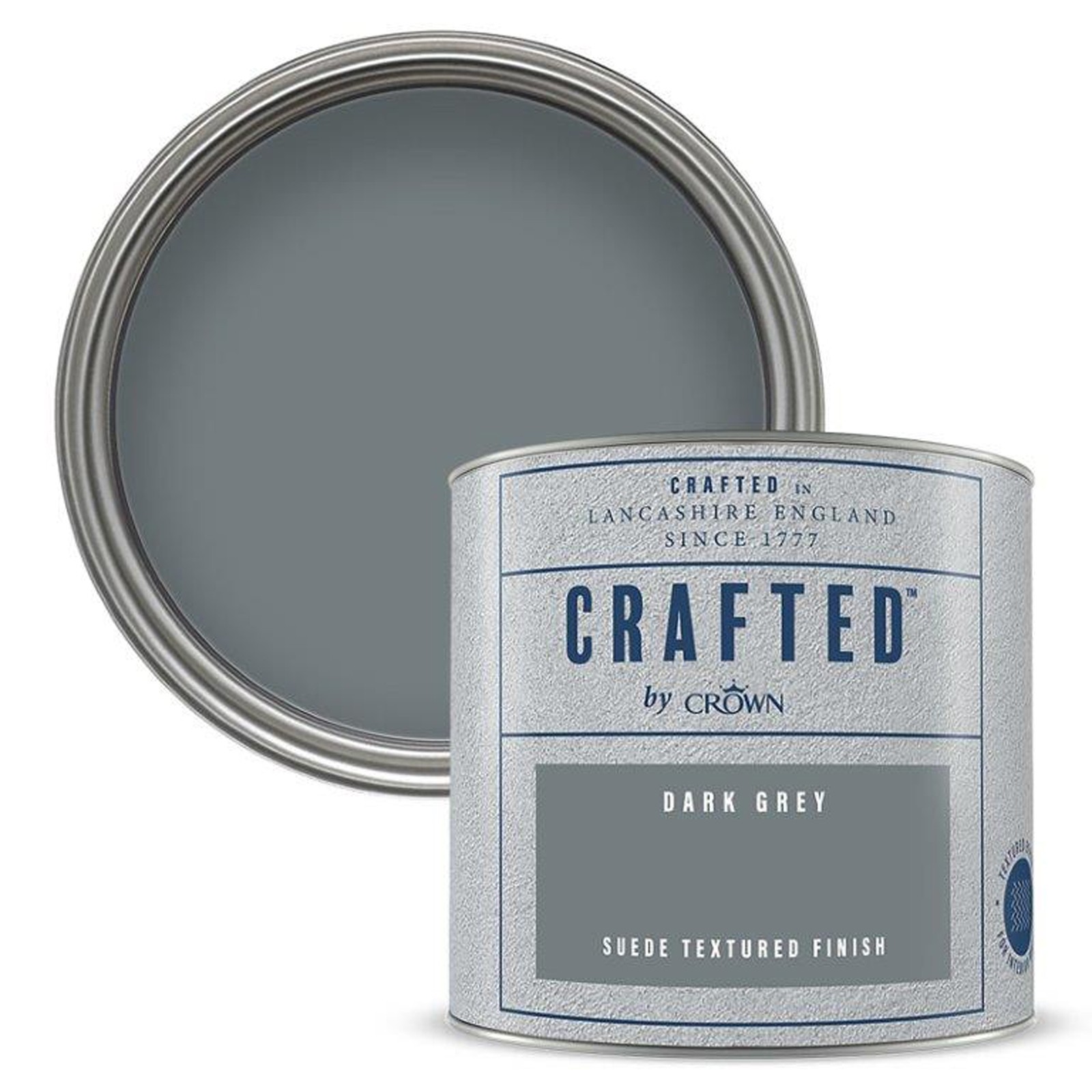 Luxurious dark grey suede textured matt emulsion paint in a 125ml tin, featuring a silver lid and a label with "Crafted by Crown" and "Dark Grey" prominently displayed.