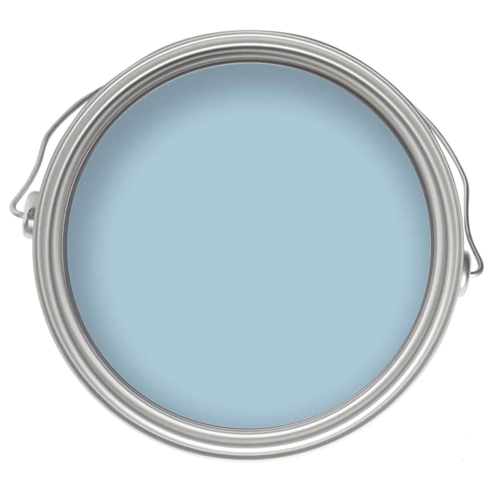Round metal paint can with a silver lid, containing 1L of Fresco Blue eggshell paint, featuring a smooth, low-sheen finish suitable for wood and metal surfaces.