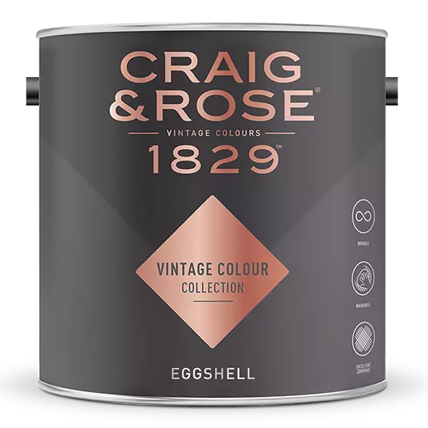 Craig and Rose 1829 Eggshell Paint in Marble Dust, 750ml canister, features a sleek black design with rose gold accents and a diamond label indicating vintage color collection.