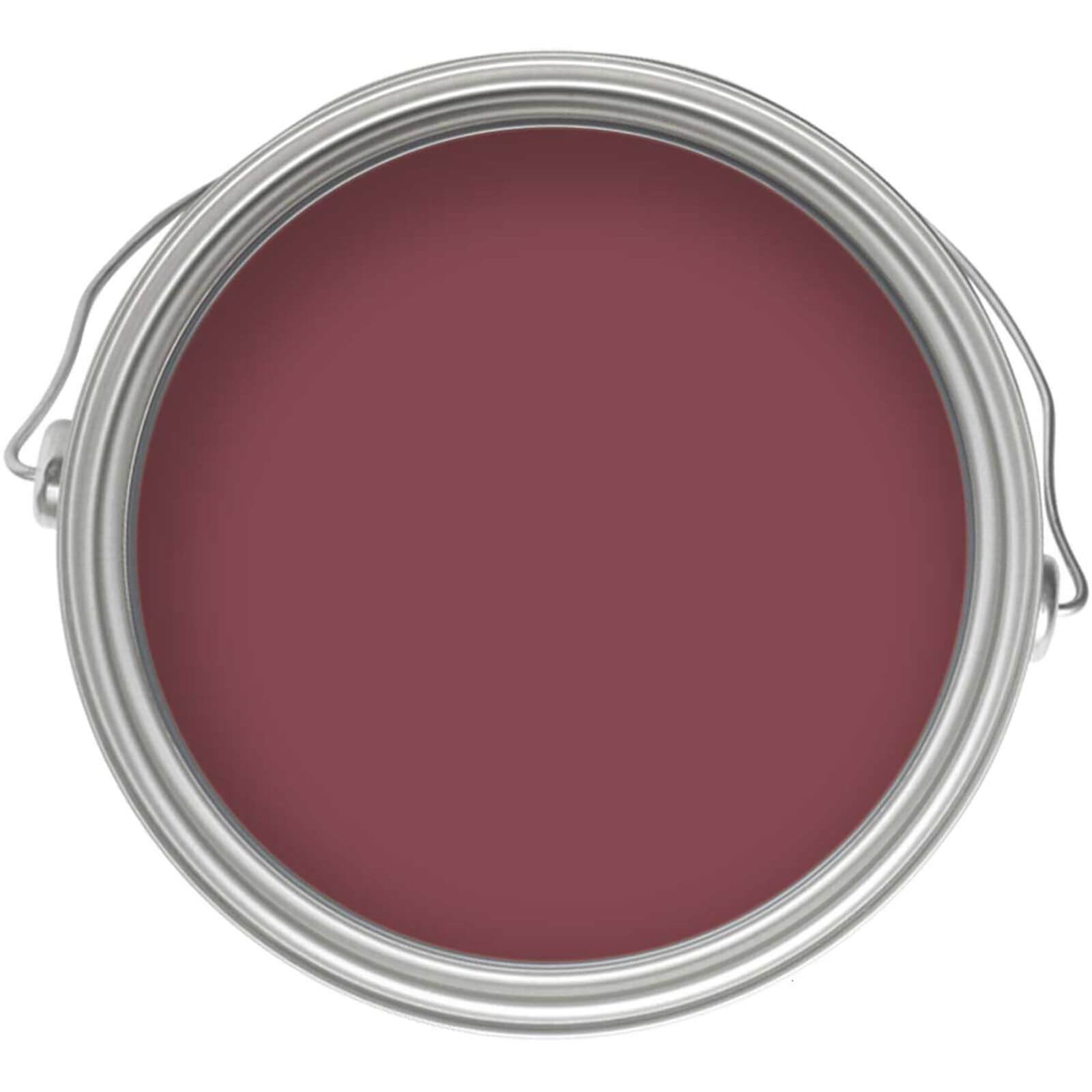 Round metal paint can with a silver lid, containing Medici Crimson eggshell paint, showcasing a rich, deep red color with a low-sheen finish, suitable for wood and metal surfaces.