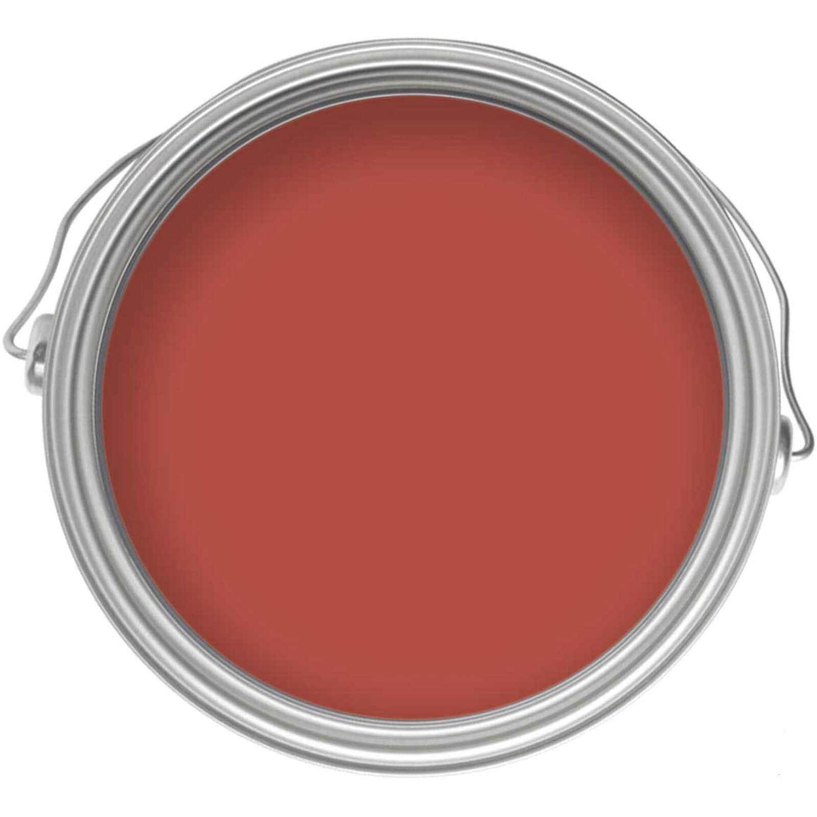 Round metal paint can with a silver lid, containing 1 liter of eggshell paint in a rich Oriental Red color, suitable for wood and metal surfaces with a durable, low-sheen finish.