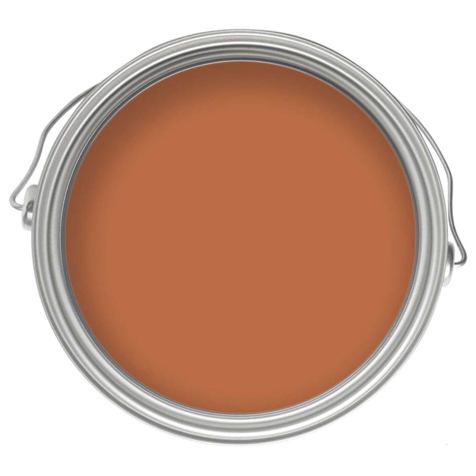 Round metal paint can with a silver lid, containing russet-colored eggshell paint, suitable for wood and metal surfaces, designed for interior use.