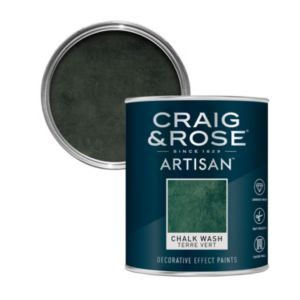 Round tin of Craig and Rose Artisan Chalk Wash Effect paint in Terre Vert, featuring a deep green color with a textured finish, labeled for decorative use on walls and ceilings.