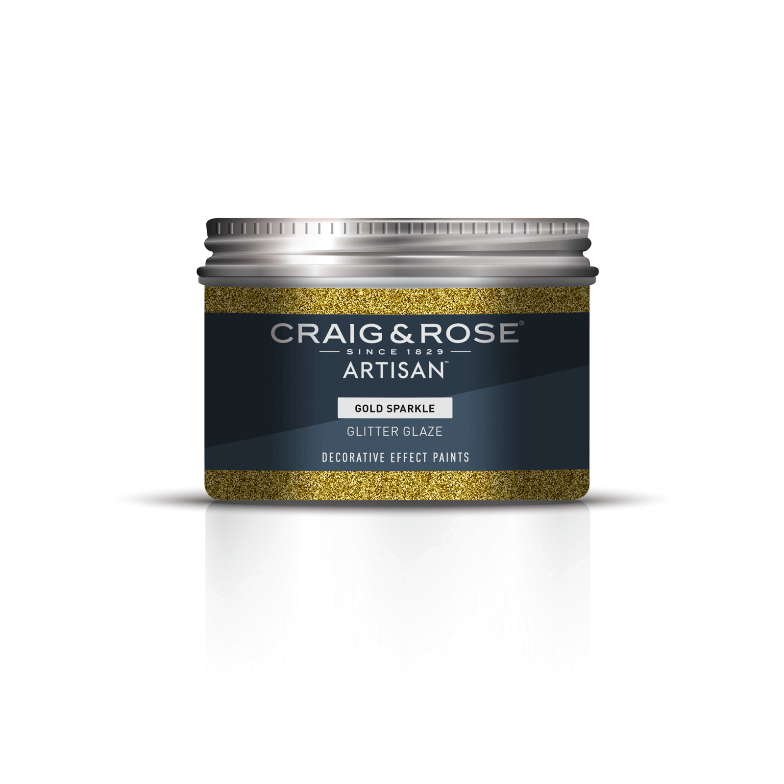 Gold Sparkle glitter glaze in a 300ml metal jar with a silver lid, featuring a dark label with "Craig & Rose Artisan" and decorative effect paints text.