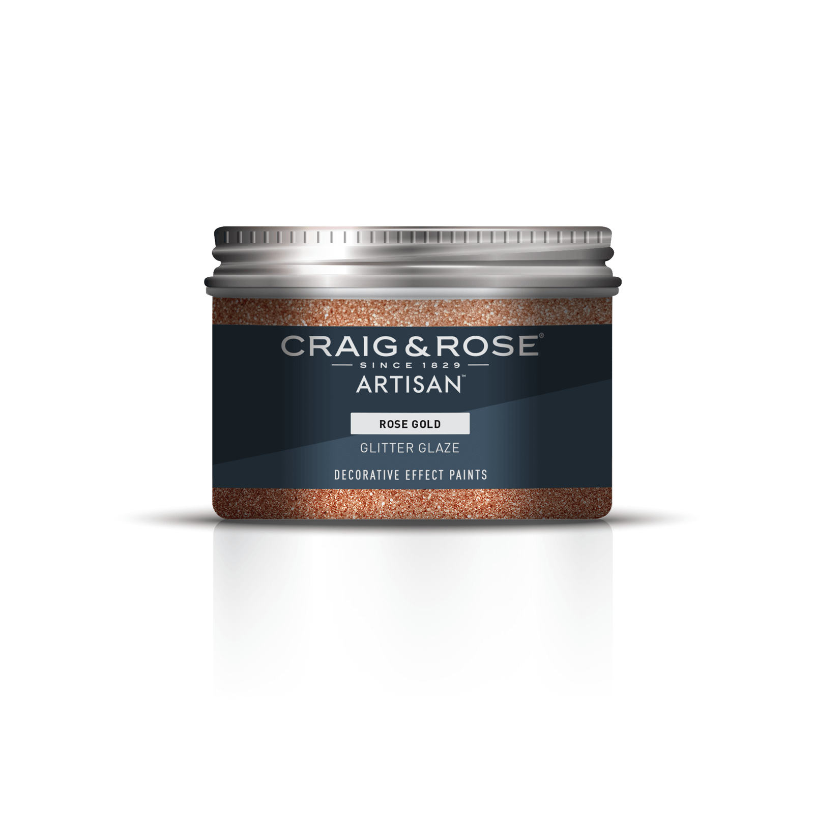 Rose gold glitter glaze in a 300ml jar with a silver lid, featuring a dark blue label that reads "CRAIG & ROSE ARTISAN" and "GLITTER GLAZE" for decorative finishes.