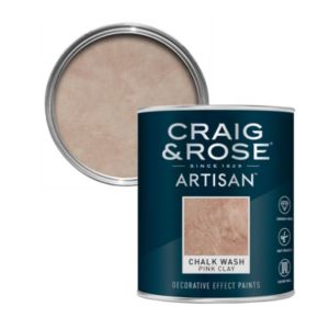 Round tin of Craig and Rose Artisan Chalk Wash Effect paint in Pink Clay, featuring a textured finish, with a dark blue label and silver lid, showcasing a soft pink hue.
