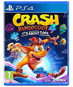 Crash Bandicoot 4: It's About Time for PlayStation 4 features vibrant artwork with a cartoonish bandicoot character, colorful background, and bold title in yellow and purple.