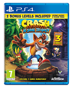Bright blue PS4 game case featuring "Crash Bandicoot N-Sane Trilogy" title, with colorful artwork of Crash and jungle scenery, and notes about bonus levels and included games.