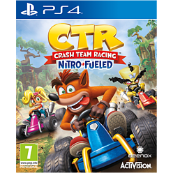 Cover art for "Crash Team Racing Nitro-Fueled" featuring colorful characters, including Crash Bandicoot and Coco, racing in karts on a vibrant jungle track, with a PlayStation 4 logo.