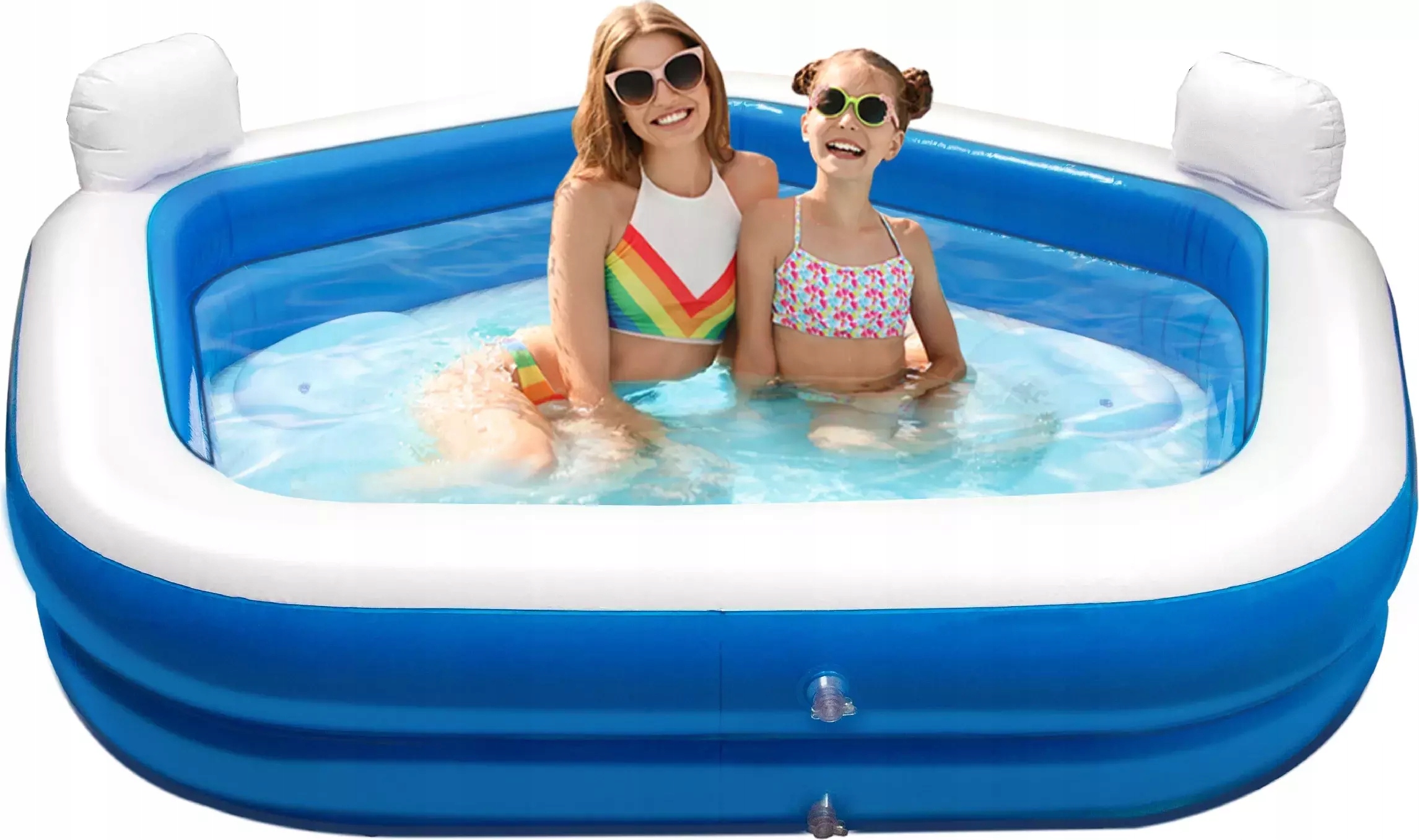 Bright blue inflatable lounge pool with white trim, featuring two smiling girls wearing sunglasses and swimsuits, enjoying the water inside.