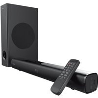 Black Creative Labs soundbar speaker with subwoofer, 2.1 channels, 80 W, includes remote control.