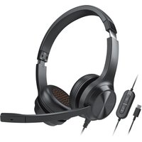 Black Creative Labs USB headset with padded ear cups, adjustable headband, and inline volume control.