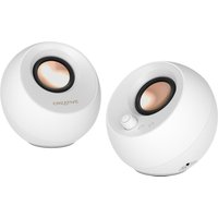 White Creative Labs Creative Pebble Pro speakers with spherical design and copper accents.