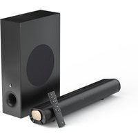 Black Creative Labs 2.1 soundbar with subwoofer, sleek design, wireless remote, and side control panel.