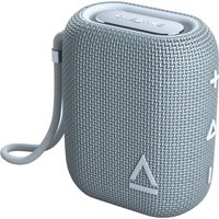 Grey Creative Labs MUVO FLEX Bluetooth speaker with fabric texture, control buttons, and carrying strap.