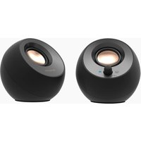 Black Creative Labs Pebble V3 speakers with spherical design, front-facing drivers, and volume knob on right speaker.