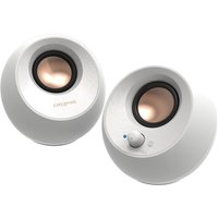 White Creative Labs Pebble V3 speakers with round design, copper accents, and volume knob on one speaker.