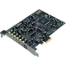 Black internal sound card with multiple audio ports, featuring a circuit board design, capacitors, and a PCI-E connector for 7.1 channel audio output.