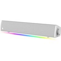 White Creative Labs Sound Blaster GS3 speaker with mesh front, side knob, and rainbow LED base lighting.