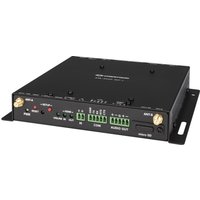 Black Crestron AV extender with multiple input ports, green terminal blocks, and gold antenna connectors.