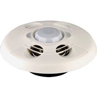 White Crestron motion detector with circular design, central sensor, and vent-like openings on the sides.