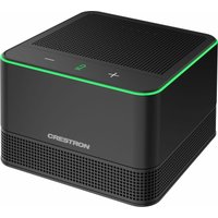 Black Crestron Flex Pod wireless speaker and microphone with green LED trim and touch controls on top.