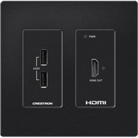 Black Crestron AV extender receiver with HDMI ports and power indicator on a sleek rectangular panel.