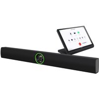 Black Crestron video conferencing system with soundbar and touchscreen control panel, green LED ring on camera.