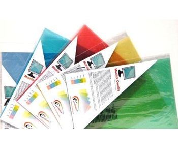 Yellow 17-inch monitor overlay from Crossbow Education, made of durable plastic, part of a colorful set including blue, green, red, and orange overlays, designed for educational use.