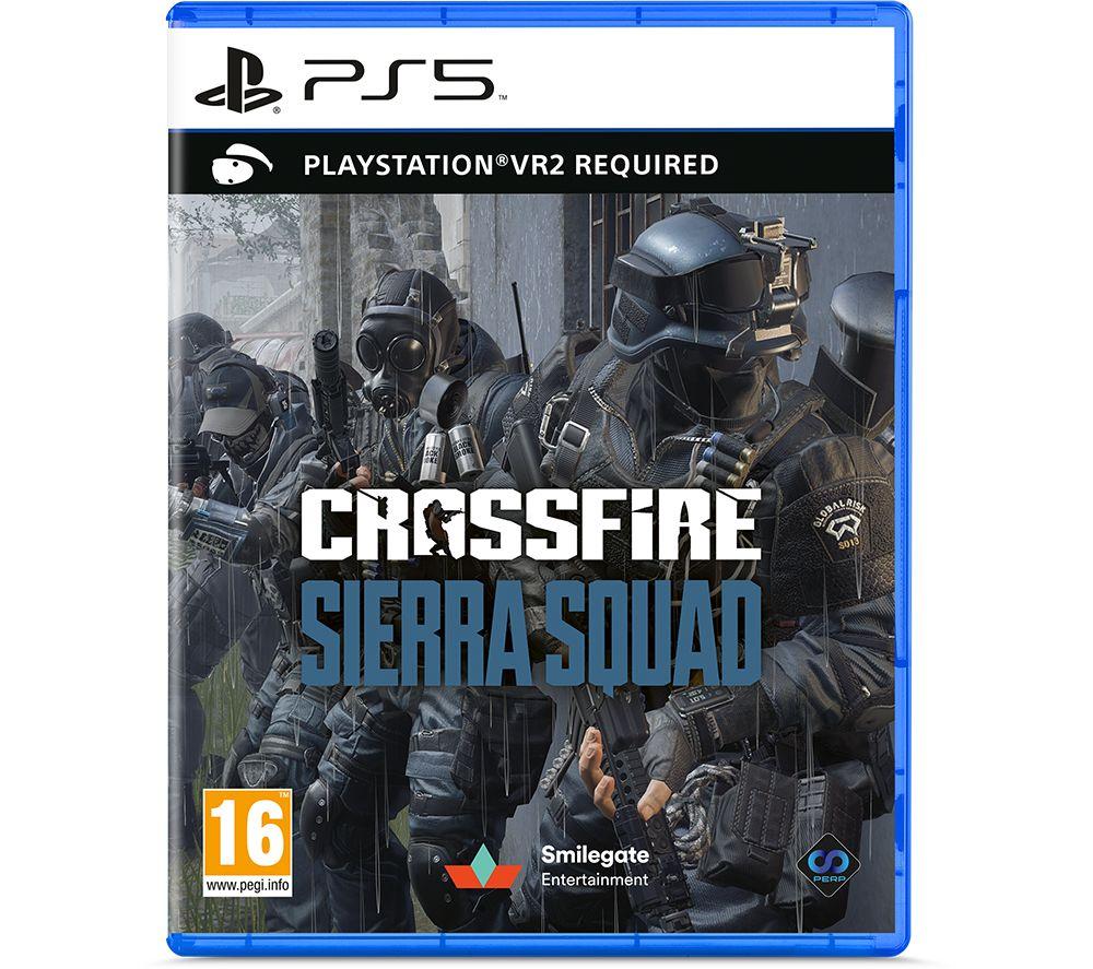 Blue PS5 game case featuring "CROSSFIRE SIERRA SQUAD" in bold white and blue letters, with a dark, tactical-themed cover art showing armed soldiers in black gear.