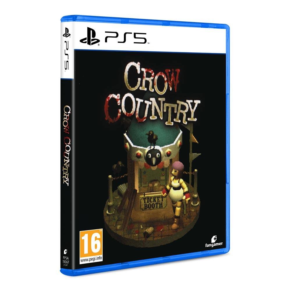 Blue game case featuring "Crow Country" title, with a colorful circus scene and a ticket booth design, rated 16+, for PlayStation 5 by U&I.
