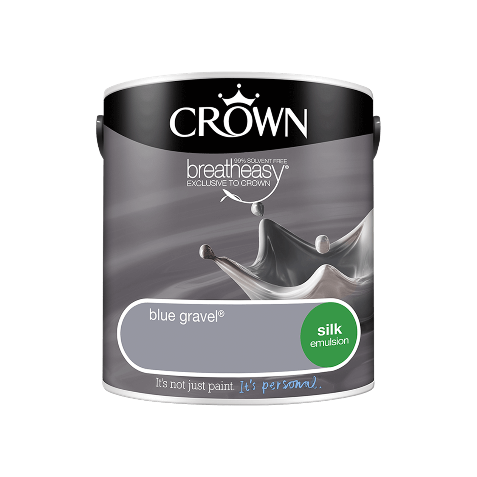 Crown Walls and Ceilings Silk Emulsion Paint in Blue Gravel, 2.5L, features a sleek black can with a silver splash graphic and a green label highlighting its silk finish.