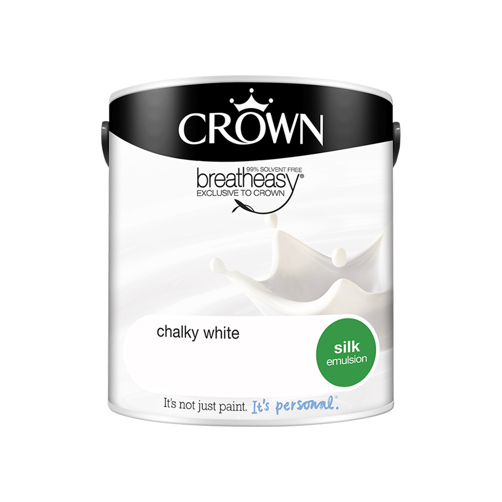 Crown Silk Paint Emulsion in Chalky White, 2.5L, featuring a sleek can design with a splash graphic, labeled as "silk" and "breatheasy," emphasizing its solvent-free formula.