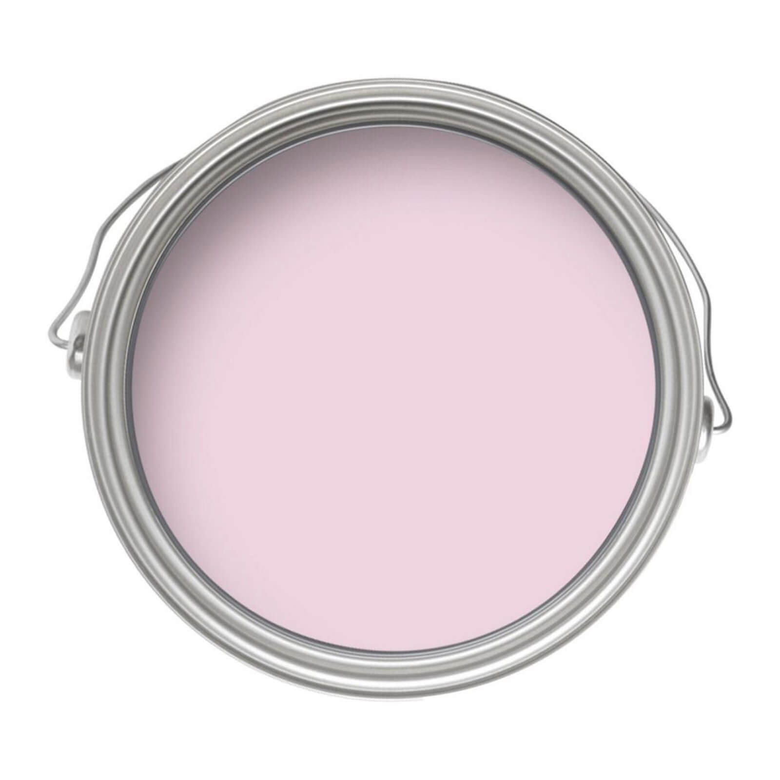 Round metal paint can with a silver lid, containing 5 liters of soft pink emulsion paint labeled "Fairy Dust" by Crown.