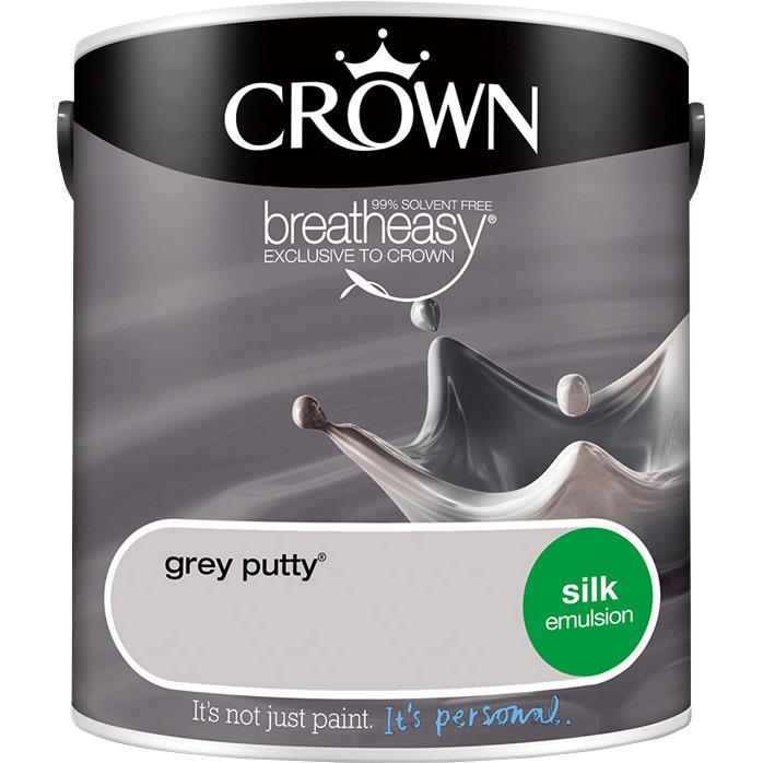 Grey Putty Crown Silk Paint Emulsion for walls and ceilings in a 2.5L container, featuring a sleek design with a crown logo and a splash graphic in shades of grey.