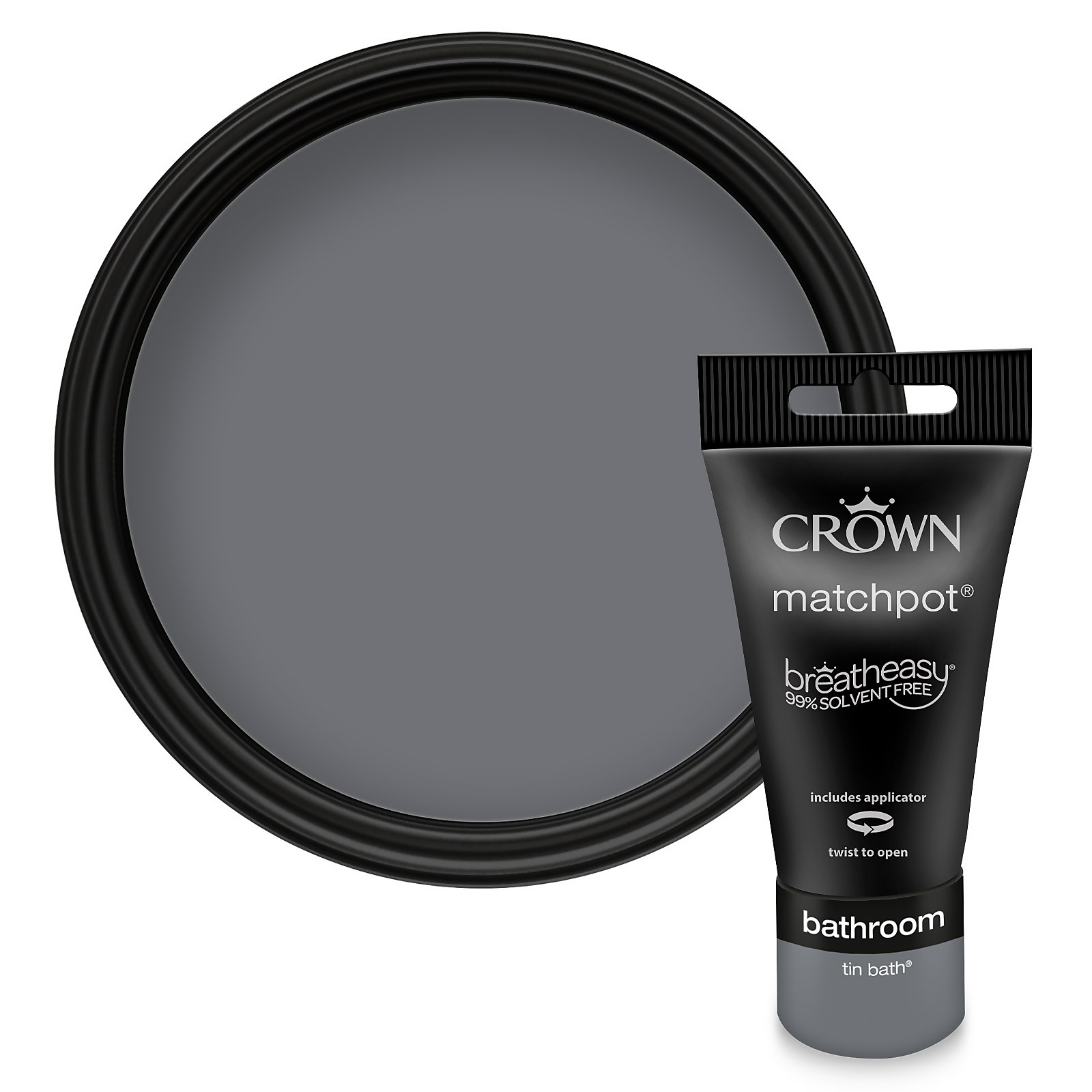 Crown Easyclean Bathroom Emulsion in a 40ml sample tube, featuring a sleek black design with a gray color swatch in a round tin, labeled for bathroom use.