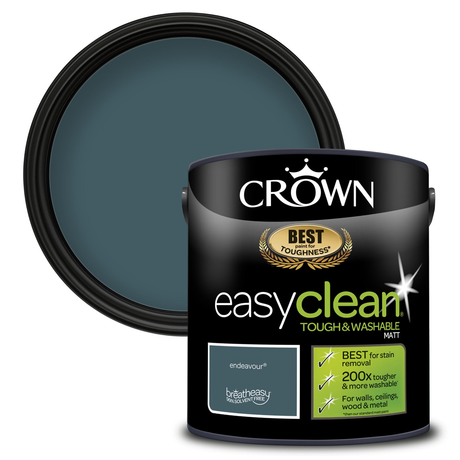 Crown Easyclean Matt Emulsion in a 2.5L black container, featuring a dark teal color swatch, labeled with "easyclean" and "tough & washable" for walls, ceilings, and wood.