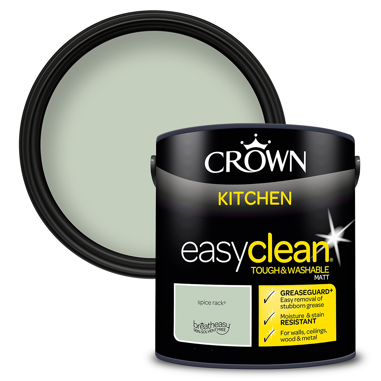 Crown Easyclean Kitchen Matt Emulsion in "Spice Rack" color, 2.5L can with a black label, featuring a light green paint swatch and highlighting grease-resistant properties.