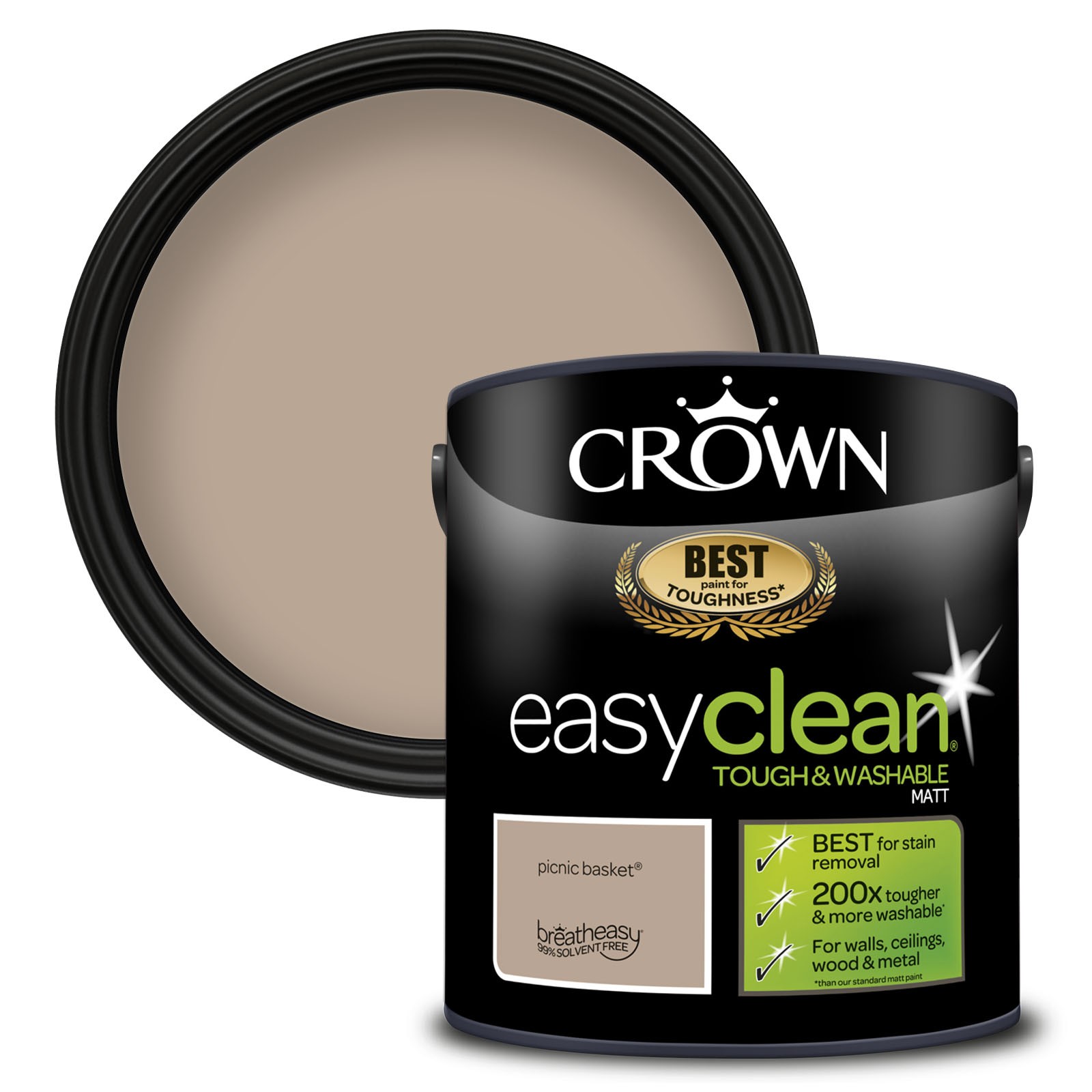 Crown Easyclean Matt Emulsion in "Picnic Basket" color, 2.5L black container with a lid, featuring a beige label highlighting its tough and washable qualities.