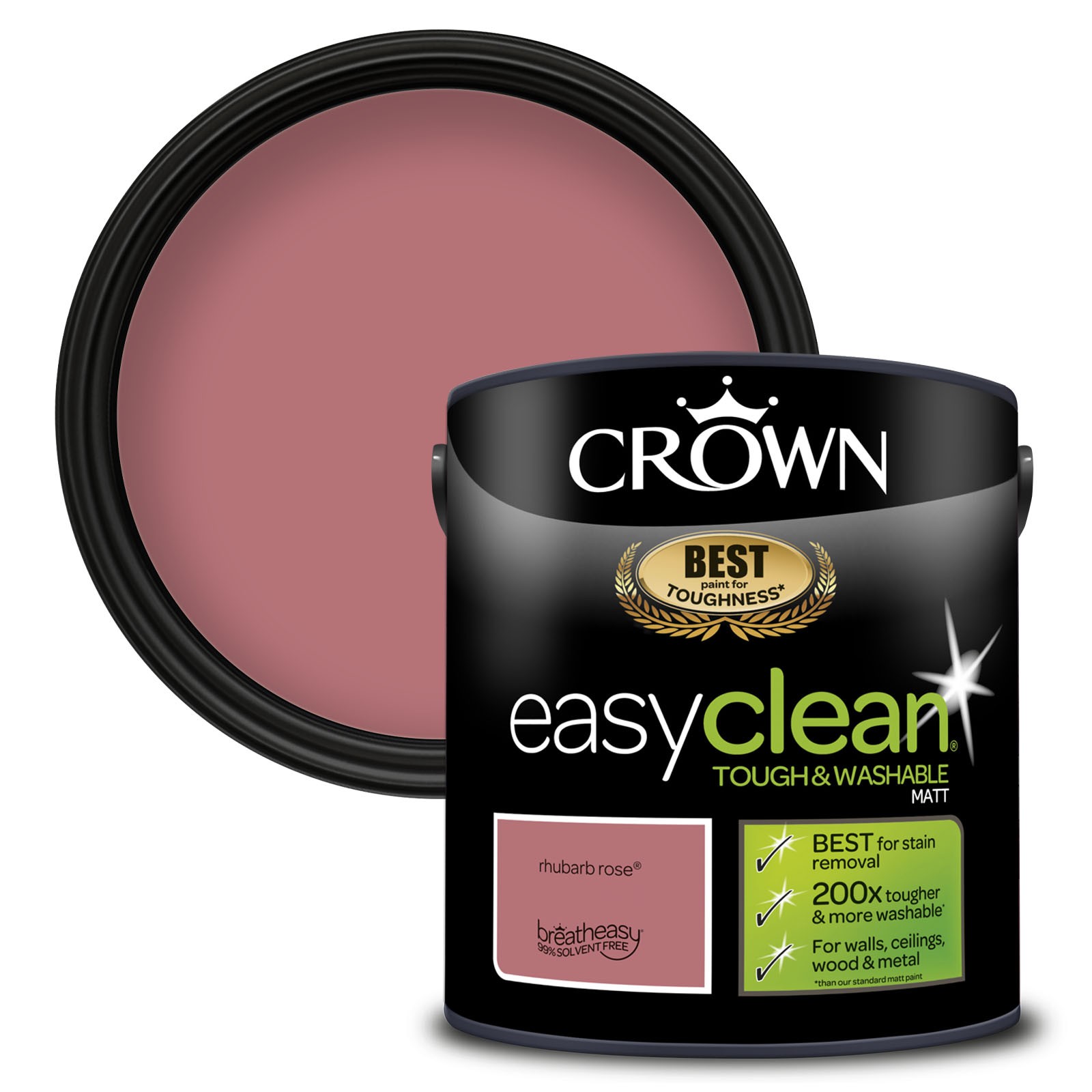 Crown Easyclean Matt Emulsion in Rhubarb Rose, featuring a black container with a lid, showcasing a soft pink paint color, labeled as tough and washable for various surfaces.