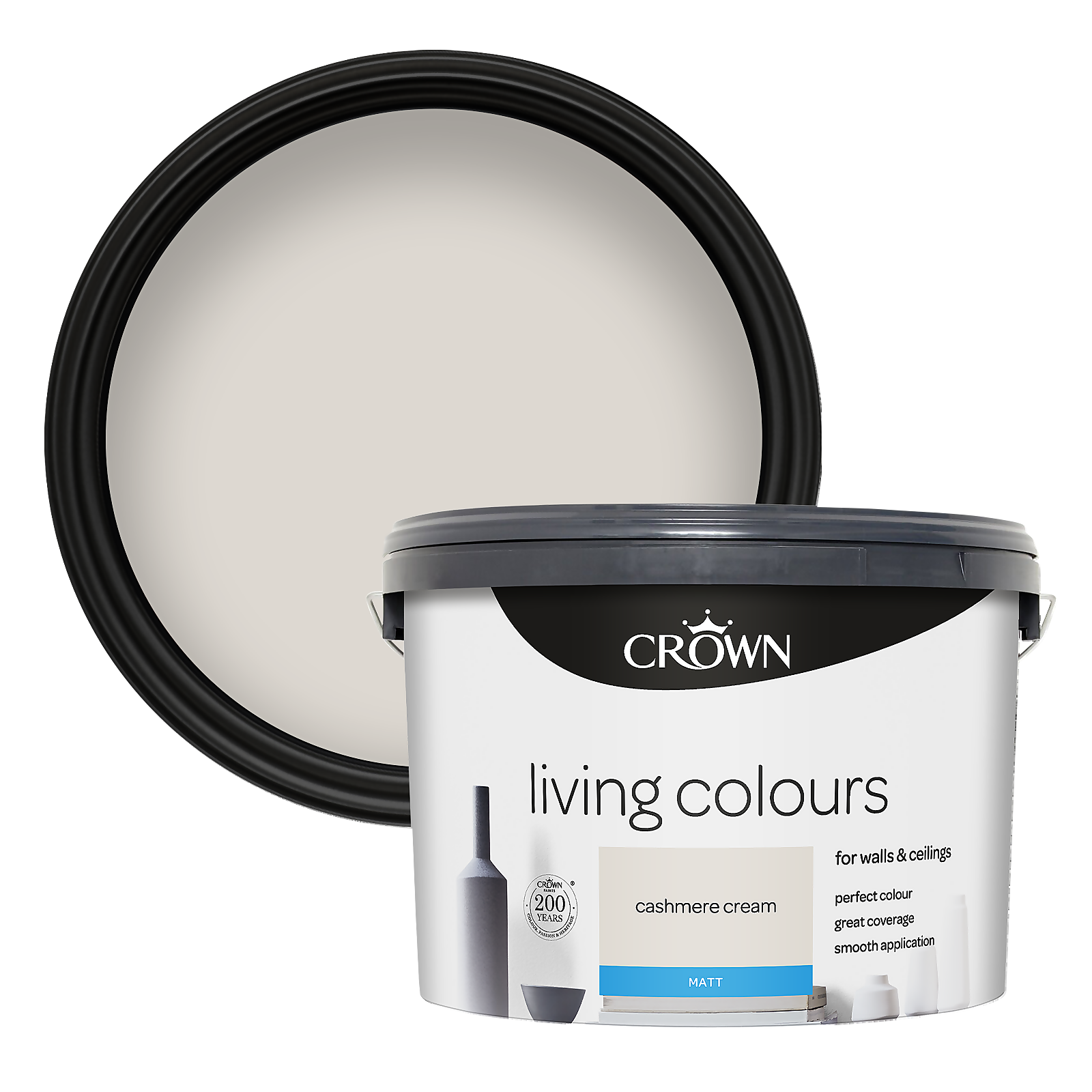 Crown Living Colours Matt Emulsion in Cashmere Cream, 10L, featuring a sleek black lid and a smooth, creamy beige paint swatch above the container.