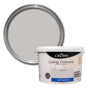 Crown Living Colours Matt Emulsion Paint in Coole Mist, 10L tub with a grey label, featuring a circular color swatch showing a soft, muted grey shade.