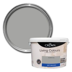Sensible Grey matt emulsion paint in a 10L bucket with a white label featuring the Crown logo and a silver lid, alongside a circular paint swatch showing the grey color.