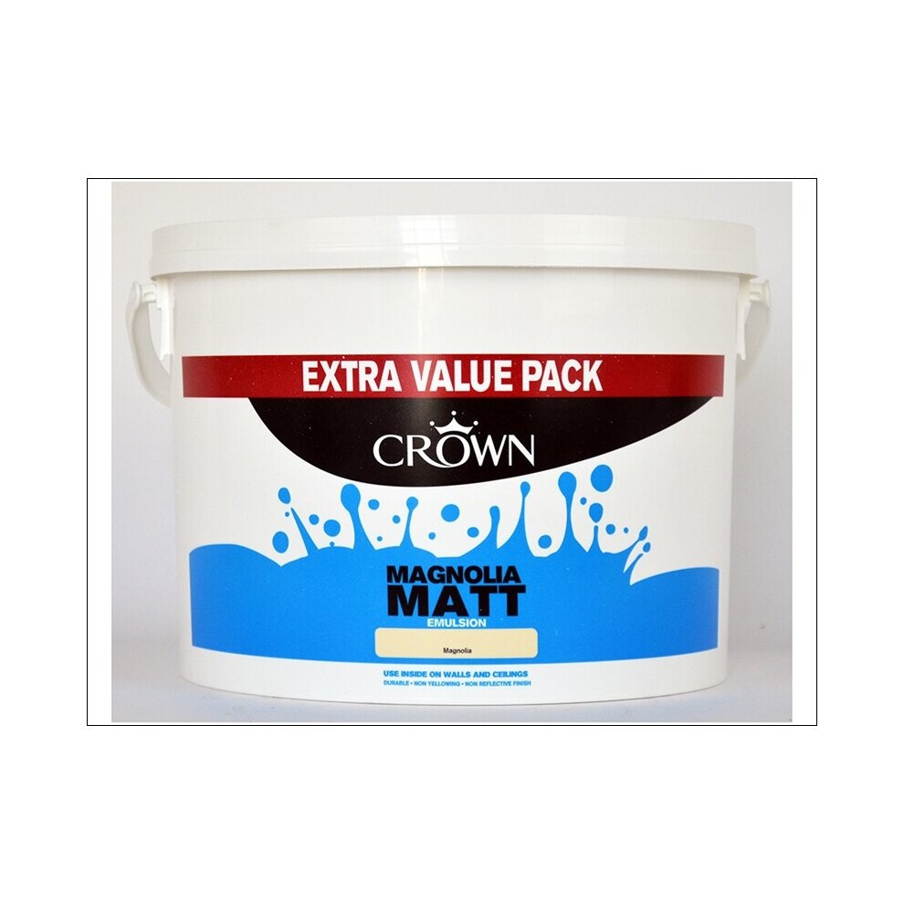 Crown Paints Non-Breatheasy Matt in a 7.5L white bucket, featuring a blue label with "Magnolia Matt" and "Extra Value Pack" text, ideal for walls and ceilings.