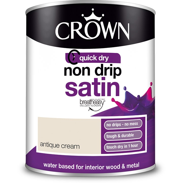 Crown Breatheasy Non Drip Satin Paint in Antique Cream, 750ml can, featuring a sleek design with a crown logo and key features highlighted in bold text.