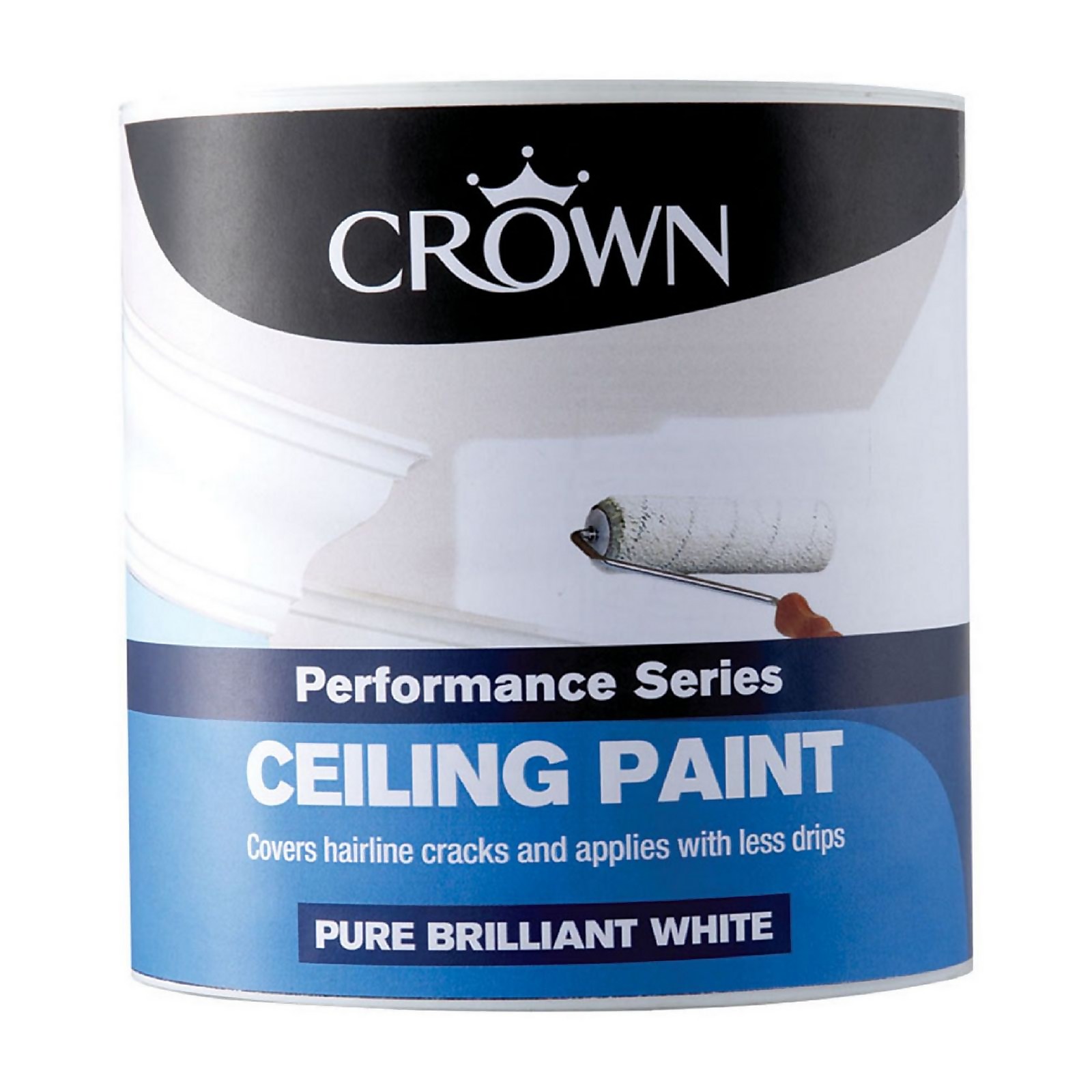 Crown Performance Series Ceiling Paint in a 2.5L container, featuring a blue label, white text, and an image of a roller painting a ceiling, labeled "Pure Brilliant White."