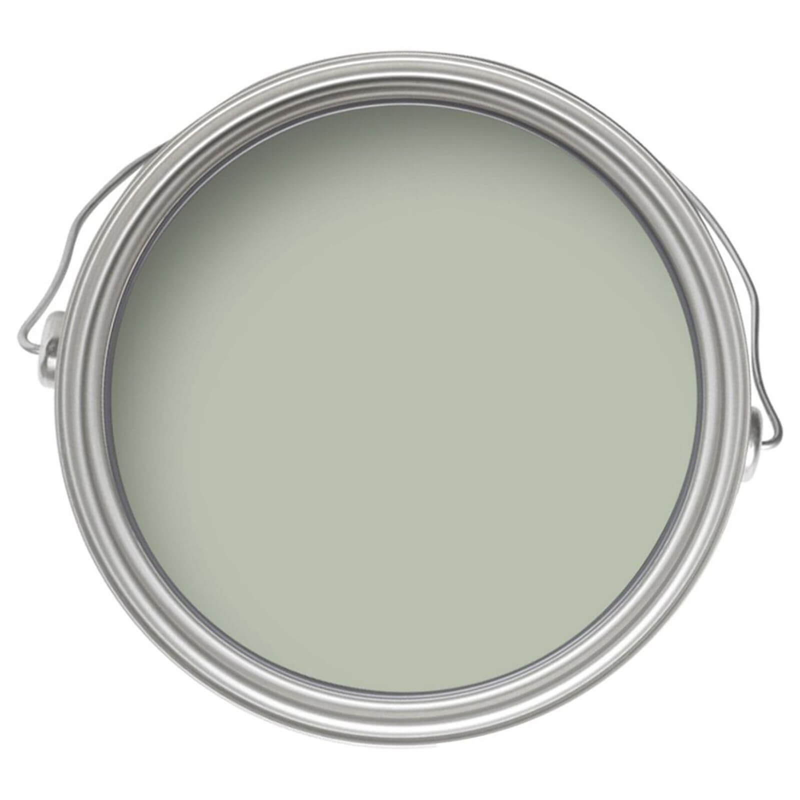 Round tin of Crown Quick Drying Gloss paint in Mellow Sage color, 750ml, featuring a smooth, muted green surface and a metallic silver lid.