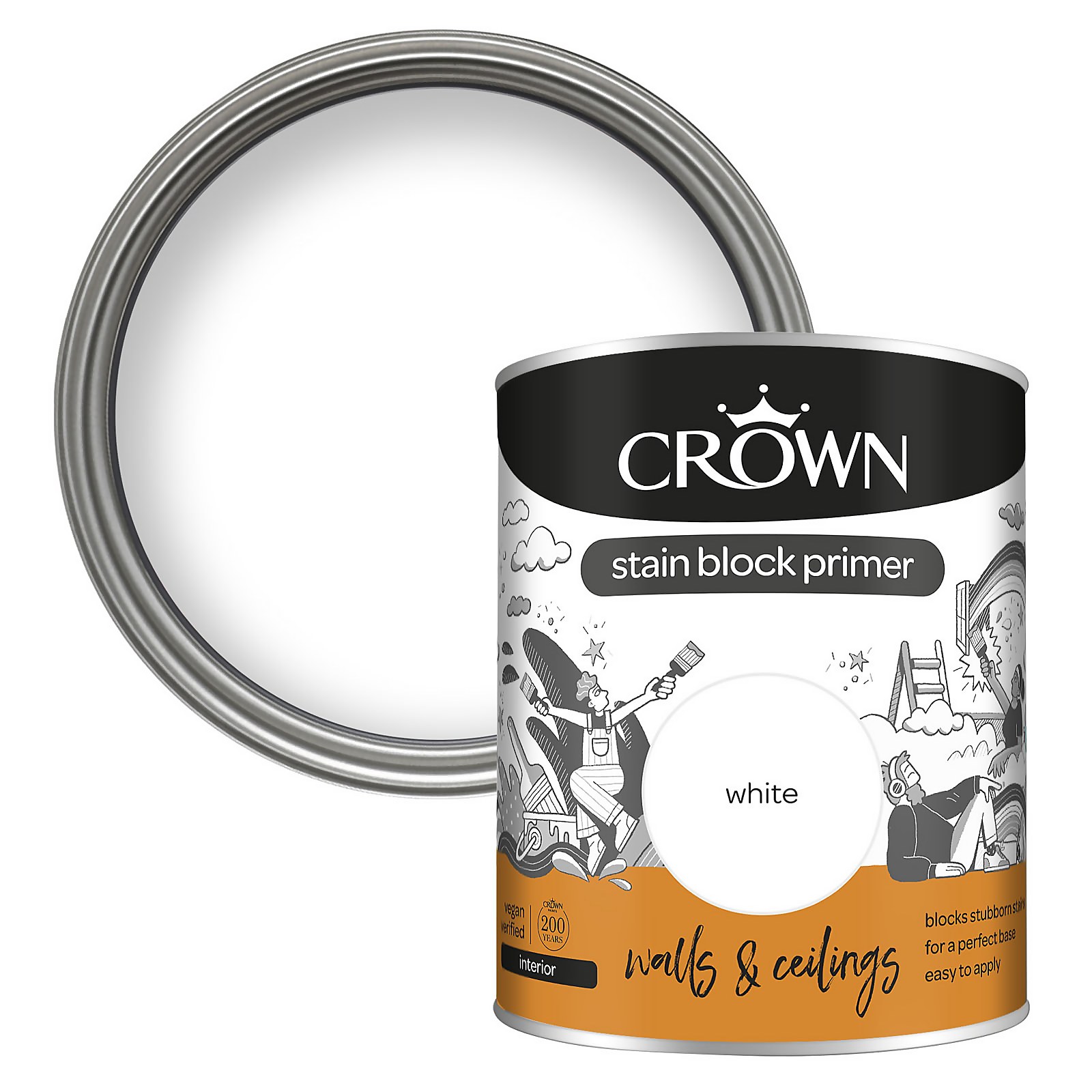 Crown Stain Block Primer 750ml in a round tin, featuring a white color with a black and orange label, designed for walls and ceilings, highlighting easy application and stain blocking.