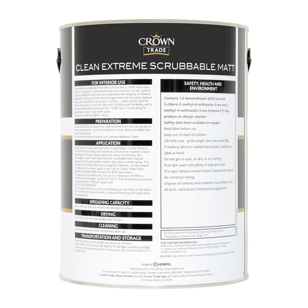Crown Trade Clean Extreme Stain Resistant Scrubbable Matt paint in Magnolia, 5L can, featuring detailed application instructions and safety information on the label.